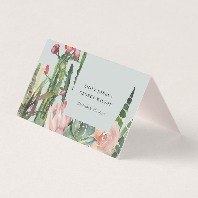 GREY PINK FLORAL CACTI FOLIAGE WEDDING PLACE CARDS (Back)