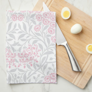 Grey Pink Floral Damask Pattern Tea Towel