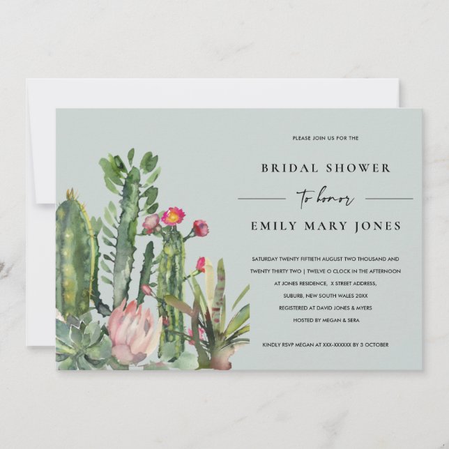 GREY PINK FLORAL DESERT CACTI FAUNA BRIDAL SHOWER INVITATION (Front)