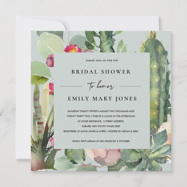 GREY PINK FLORAL DESERT CACTI FAUNA BRIDAL SHOWER INVITATION (Front)