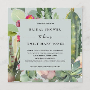 GREY PINK FLORAL DESERT CACTI FAUNA BRIDAL SHOWER INVITATION