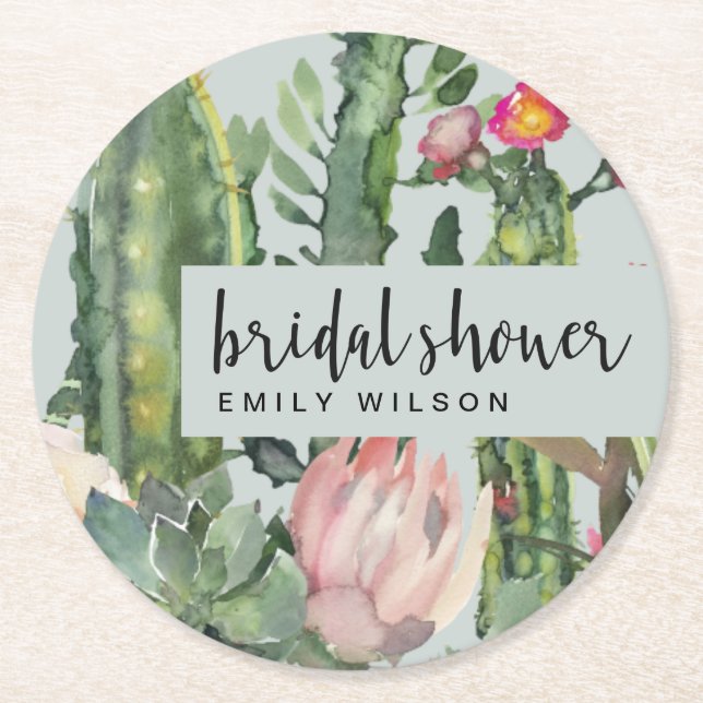 GREY PINK FLORAL DESERT CACTI FAUNA BRIDAL SHOWER ROUND PAPER COASTER (Front)
