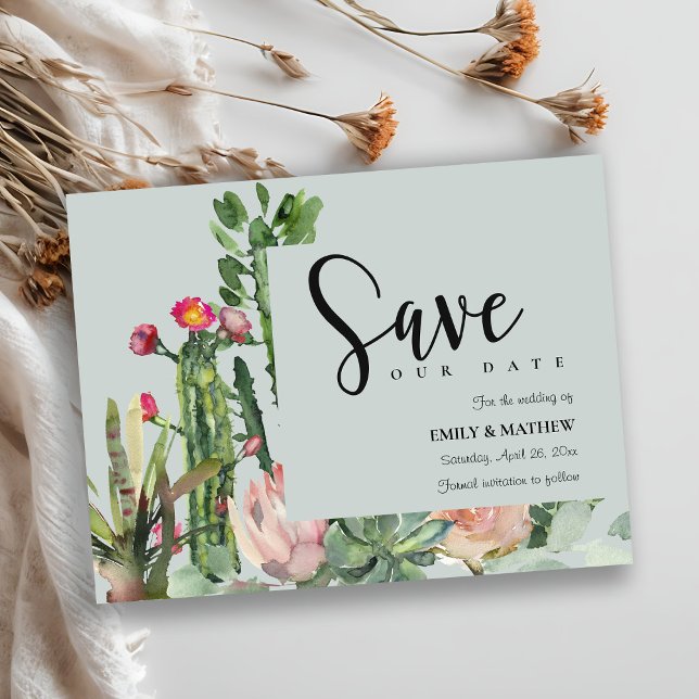 GREY PINK FLORAL DESERT CACTI FAUNA SAVE THE DATE ANNOUNCEMENT POSTCARD (Creator Uploaded)