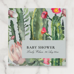 GREY PINK FLORAL DESERT CACTI FOLIAGE BABY SHOWER FAVOUR TAGS