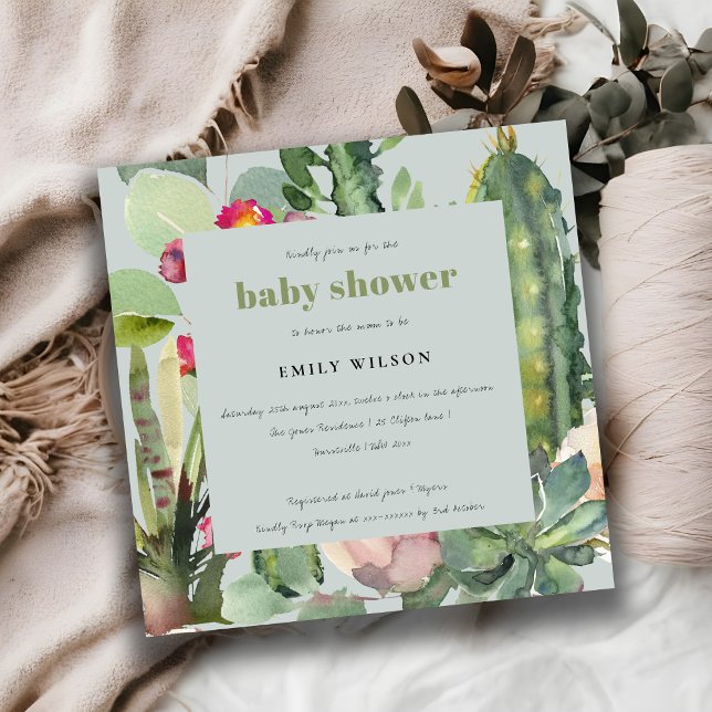 GREY PINK FLORAL DESERT CACTI FOLIAGE BABY SHOWER INVITATION (Creator Uploaded)