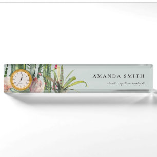 GREY PINK FLORAL DESERT CACTI FOLIAGE WATERCOLOR NAMEPLATE