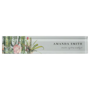GREY PINK FLORAL DESERT CACTI FOLIAGE WATERCOLOR NAMEPLATE