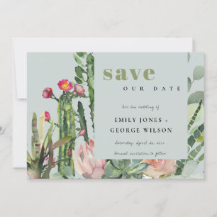 GREY PINK FLORAL DESERT CACTI FOLIAGE WATERCOLOR SAVE THE DATE