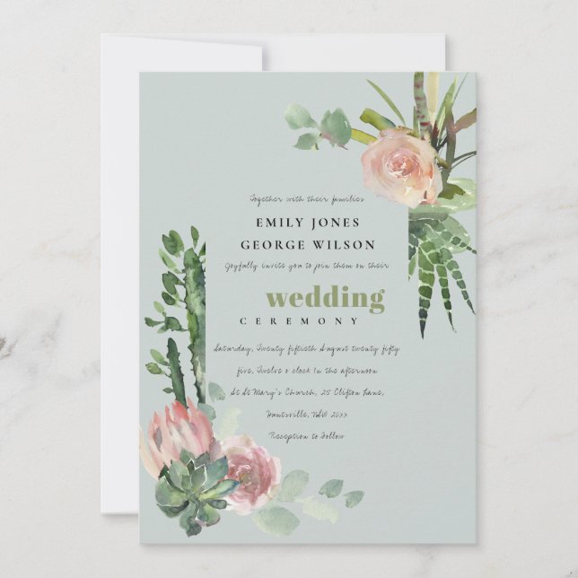 GREY PINK FLORAL DESERT CACTI FOLIAGE WEDDING INVITATION (Front)