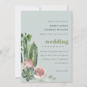 GREY PINK FLORAL DESERT CACTI FOLIAGE WEDDING INVITATION
