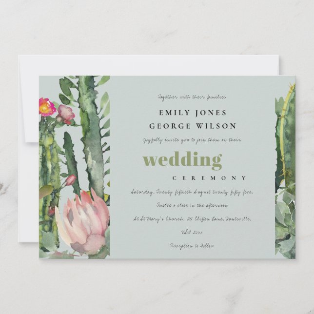 GREY PINK FLORAL DESERT CACTI WATERCOLOR WEDDING INVITATION (Front)