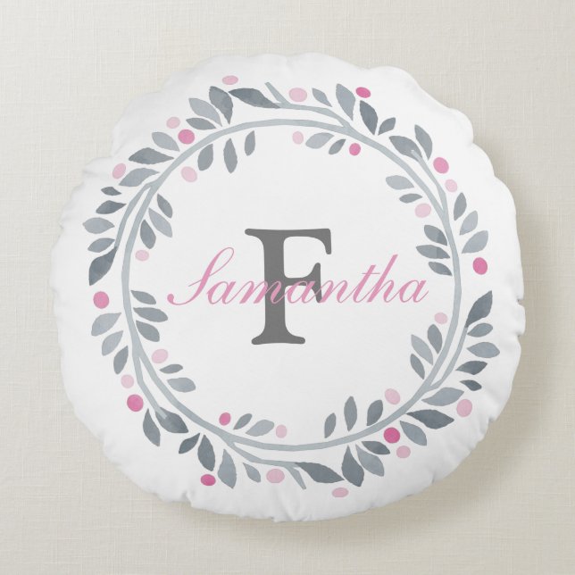 Grey Pink Floral Double Monogram Elegant  Round Cushion (Front)