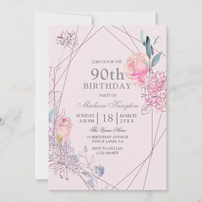 Grey & Pink Floral Geometric 90th Birthday Party Invitation (Front)
