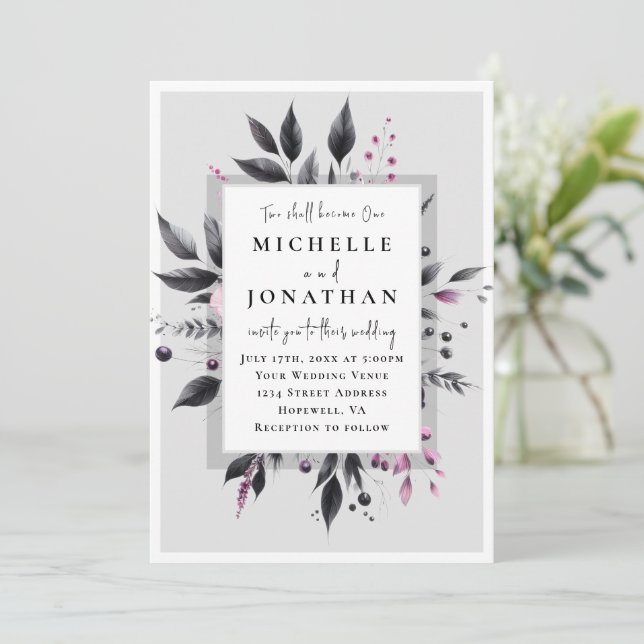 Grey Pink Floral Modern Frame Bible Verse Wedding Invitation (Standing Front)