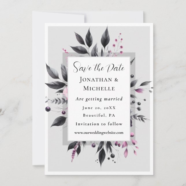 Grey Pink Floral Modern Frame Bible Verse Wedding Save The Date (Front)