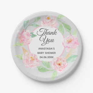 Grey & Pink Floral Wreath Thank You Baby Shower Paper Plate