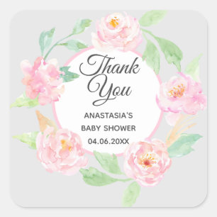 Grey & Pink Floral Wreath Thank You Baby Shower Square Sticker