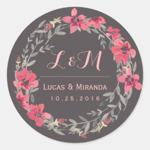 Grey Pink Floral Wreath Wedding Favour Sticker