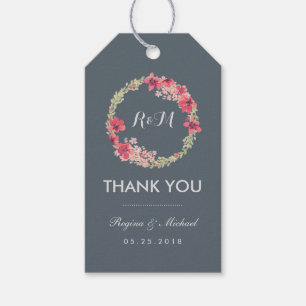 Grey Pink Floral Wreath Wedding Thank You Gift Tag