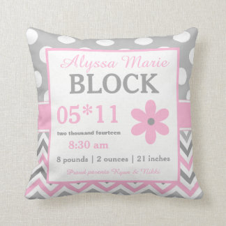Grey Pink Flower Baby Announcement Pillow