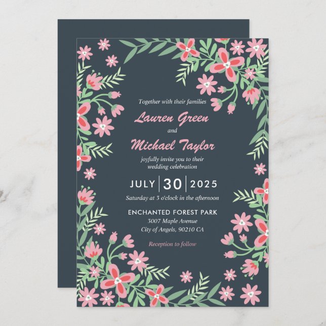 Grey Pink Flower Swirl Frame Spring Floral Wedding Invitation (Front/Back)