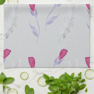 Grey Pink Flowers   Tea Towel