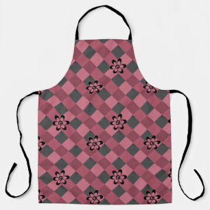 Grey pink geometric chequered pattern with flowers apron
