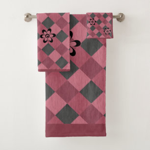 Grey pink geometric chequered pattern with flowers bath towel set