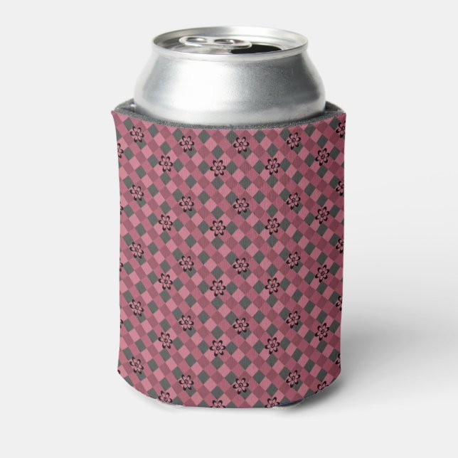 Grey pink geometric chequered pattern with flowers can cooler (Can Back)