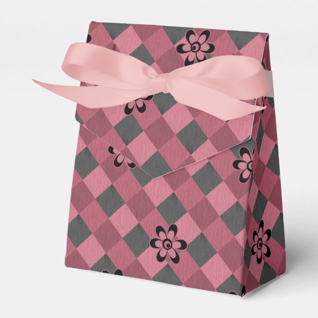 Grey pink geometric chequered pattern with flowers favour box (Front Side)