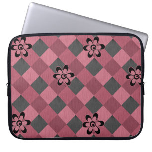 Grey pink geometric chequered pattern with flowers laptop sleeve