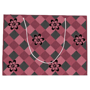 Grey pink geometric chequered pattern with flowers large gift bag