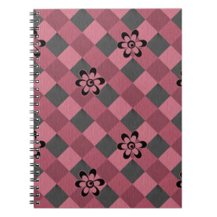 Grey pink geometric chequered pattern with flowers notebook