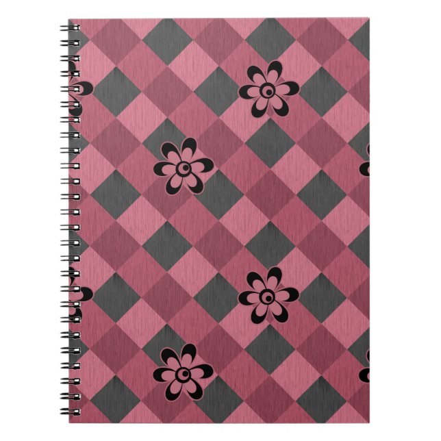 Grey pink geometric chequered pattern with flowers notebook (Front)