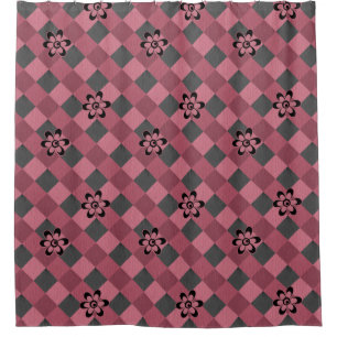 Grey pink geometric chequered pattern with flowers shower curtain