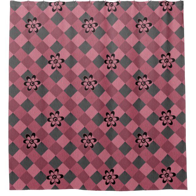 Grey pink geometric chequered pattern with flowers shower curtain (Front)