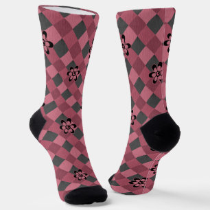 Grey pink geometric chequered pattern with flowers socks