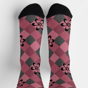 Grey pink geometric chequered pattern with flowers socks