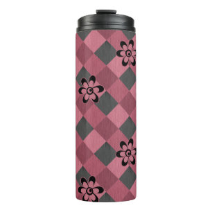 Grey pink geometric chequered pattern with flowers thermal tumbler