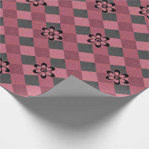 Grey pink geometric chequered pattern with flowers wrapping paper