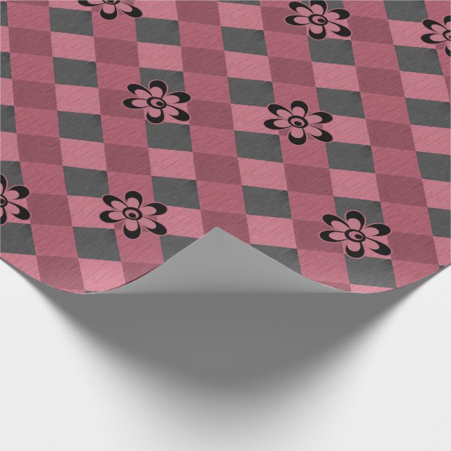 Grey pink geometric chequered pattern with flowers wrapping paper (Corner)