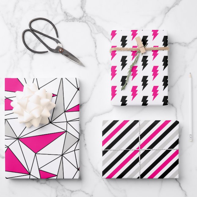 Grey Pink Geometry Flash Stripes Wrapping Paper Sheet (Front)