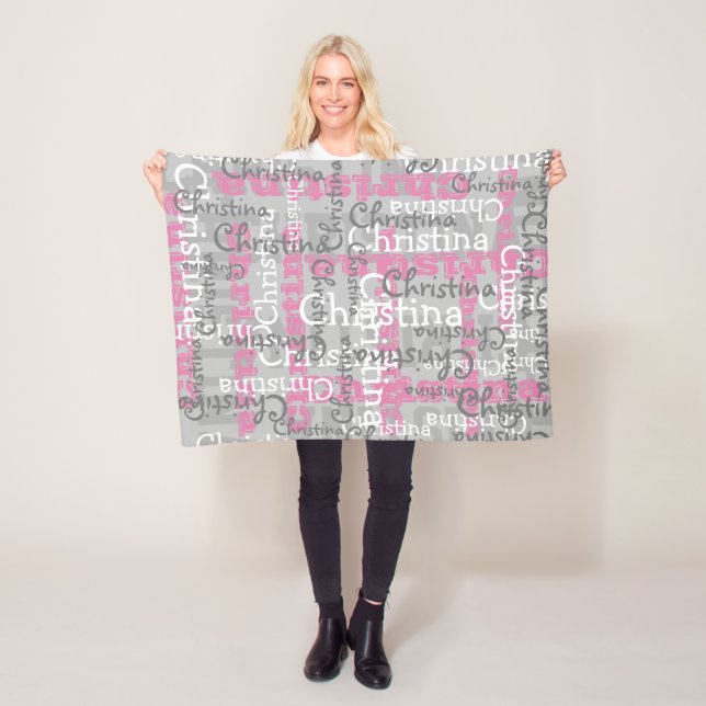 Grey Pink Girls Allover Name Collage Personalised Fleece Blanket (In Situ)