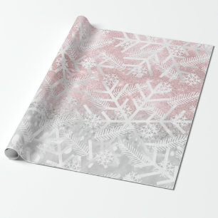 Grey Pink Glitter Christmas Holiday Snowflake Joy Wrapping Paper