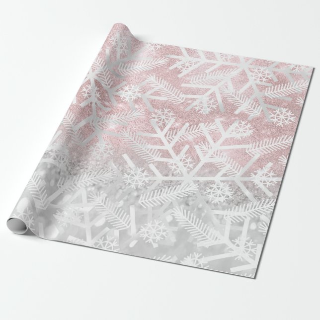 Grey  Pink Glitter Christmas Holiday Snowflake Joy Wrapping Paper (Unrolled)
