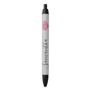 Grey Pink Glitter Heart Personalised Name Black Ink Pen