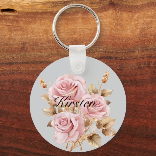Grey Pink Gold Rose Floral Key Ring (Front)