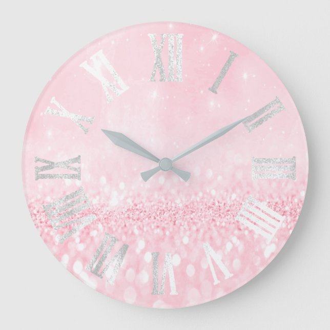 Grey Pink Grey Silver Glitter Metal Roman Numers Large Clock (Front)