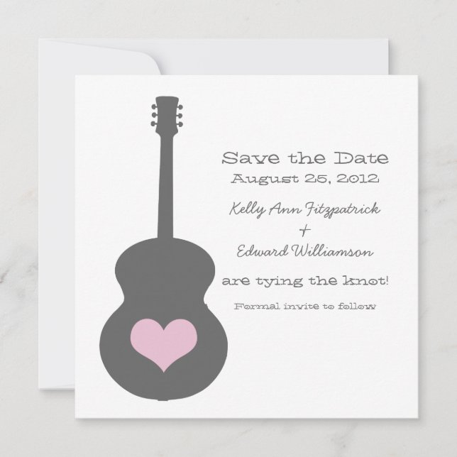 Grey/Pink Guitar Heart Save the Date Invite (Front)