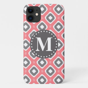 Grey Pink Ikat Mod Pattern with Monogram iPhone 11 Case